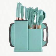 Set de utensilios de cocina de silicona y abedul, resistente al calor y antiadherente, con cuchillo y cubo de almacenamiento Set de 19 utensilios de cocina para freír y cortar verduras - Verde - Ver 1