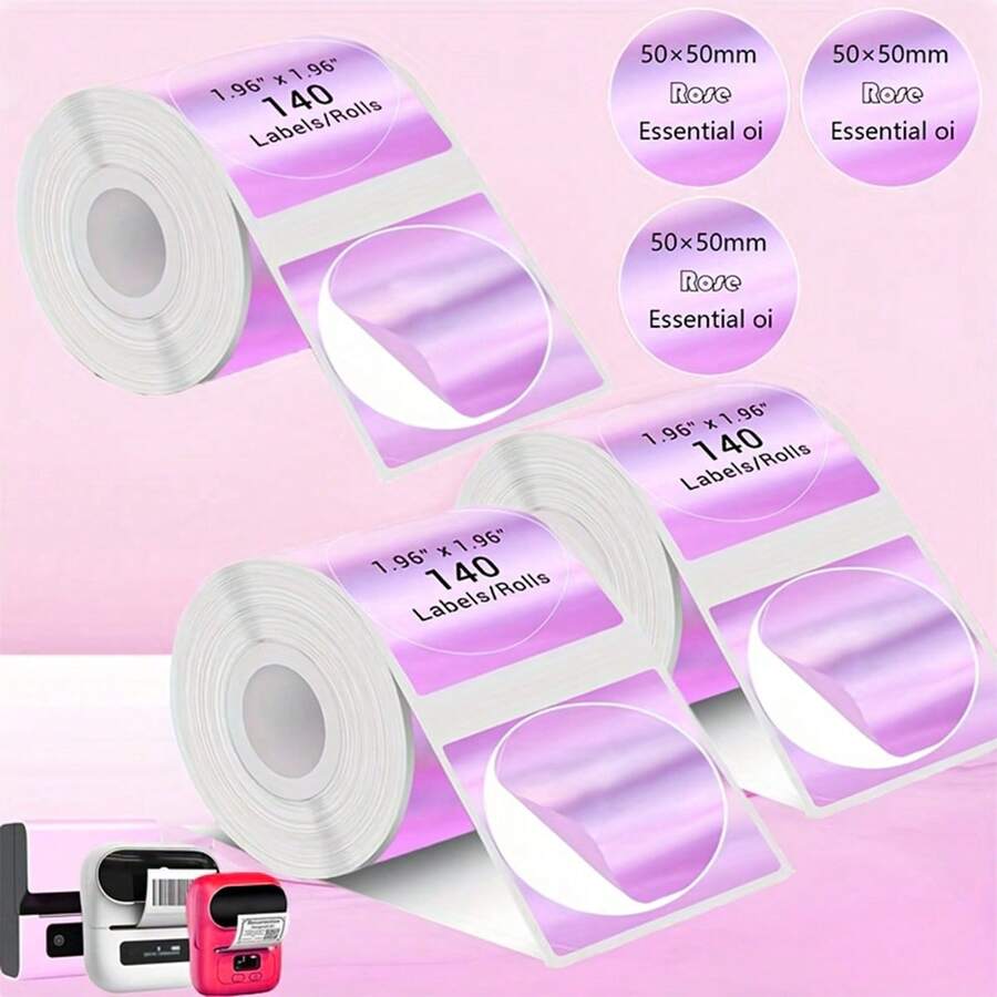 50*50mm 140Pcs/Roll Self-Adhesive Thermal Stickers Suitable For Phomemo M220/M110/M108, Square And Round Colored Holographic Laser Thermal Label Paper