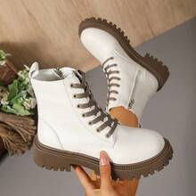 Women's Off White Contrast Brown Lace Combat Boots, Inner Side Zipper Chunky Lug Platform Mid Calf Moto Booties - White - View 4