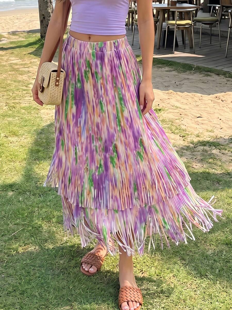 [Feeling]2026夏季新款度假風女款流蘇裙，海灘約會印花漸層百褶優雅海邊百褶裙 - 淡紫色 - 查看 1