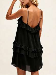 Summer Boho Flowy Ruffle Trim Cami Mini Dress Backless Loose Fit Casual Beach Vacation Short Dress For Wedding Party Graduation - 黑色 - 查看 4