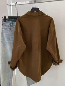 Women's Casual Brown Corduroy Polyester Shirt, Long Sleeve, Button Front, Drop Shoulder Design, Suitable For Daily Wear Or Layering - Coffee Brown - View 4