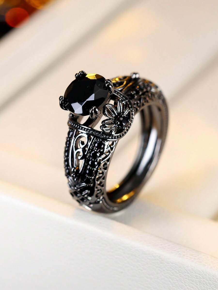 1pc Niche Dark Gothic Style Hollow Vine Carved Main Stone Inlaid Zirconia Vintage Atmosphere Accessory Ring - JZ20360 - View 1