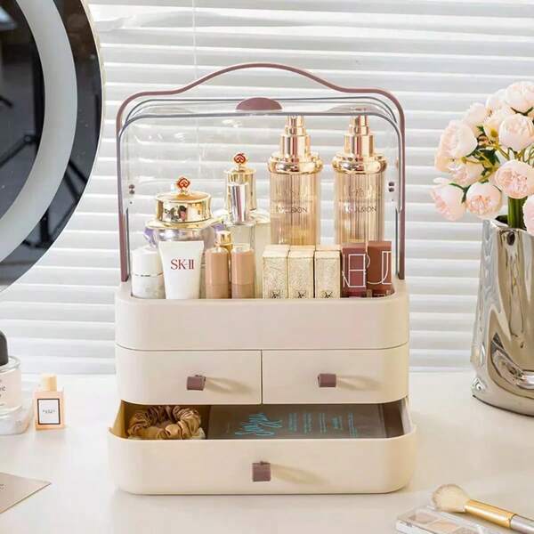 1 hộp đựng mỹ phẩm chống bụi có tay cầm, kệ nhựa đựng đồ trang điểm có ngăn kéo, hộp đựng chăm sóc da di động, phù hợp dùng cho bàn trang điểm hoặc phòng tắm