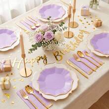 40pcs Lavender With White Disposable Paper Plates, 7-Inch Dessert Plates (20pcs) And 9-Inch Lunch Plates (20pcs) With Gold Rim, Suitable For Birthday, Bridal Shower, Wedding, Easter And Summer Party, Paper Plates With Scalloped Edges - Purple and White - View 4