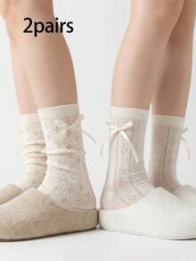 1/2 pares de calcetines de tobillo de unicolor para mujer, con volantes románticos de encaje y patrón de corazón, diseño de malla hueca, adecuados para la escuela, fiestas y uso diario - Multicolor - Ver 5