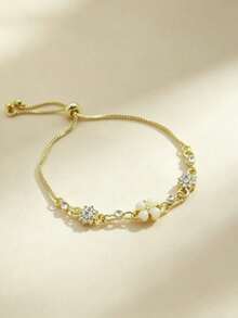 1pc Elegant Fashion Clover Faux Cat Eye Stone With Rhinestone Accents Adjustable Drawstring Bracelet, Exquisite Versatile Jewelry Gift For Women's Daily, Party, Travel Wear - Yellow Gold - View 3