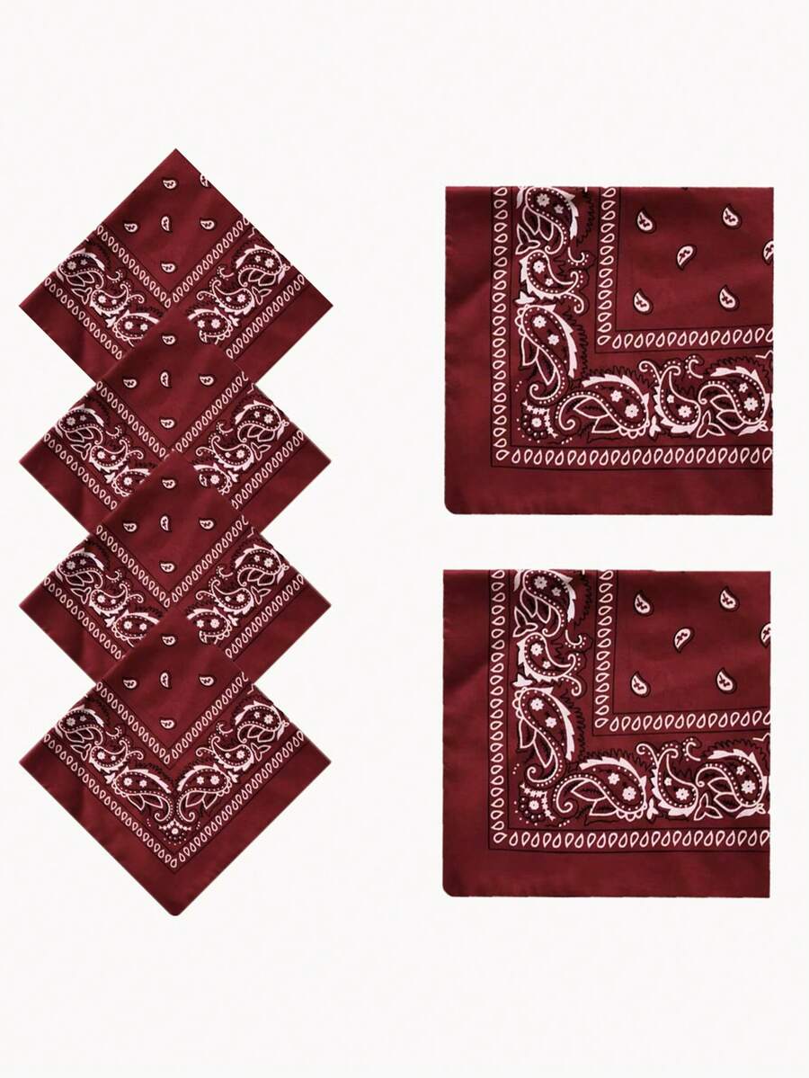 5 chiếc khăn vuông họa tiết paisley màu đỏ rượu vang phong cách vintage, khăn quàng cổ buộc tóc DIY đa năng unisex - Màu Đỏ Sâu - Xem 1