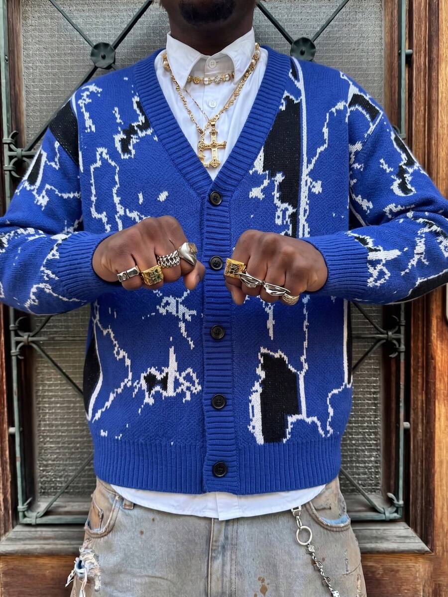 ANDREILEE Blue USA Map Print Casual Cardigan, Unisex High Street Fashion Versatile V-Neck Long Sleeve Button-Up Ribbed Knit Sweater For Commute & Daily Wear - Blue - View 1