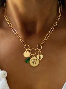 1PC Gold Luxury A-Z Letter Necklace, Unique Lock Tag And Green Diamond Letter Chain, Initial Letter Pendant,For Women's Exquisite Daily Work Decor - Yellow Gold - View 13