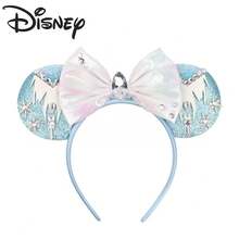 Disney Blue Glitter Snowflake Minnie Ears Headband, Iridescent Bow Rhinestone Headband, Theme Park Photo Accessory - View 1