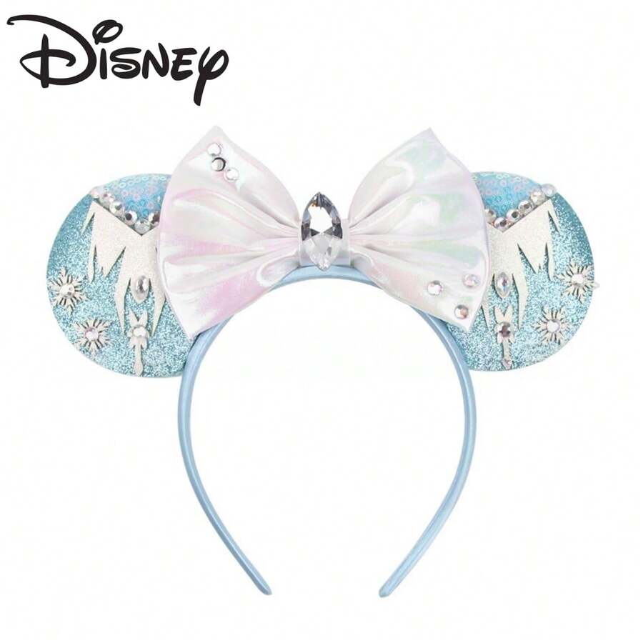 Disney Blue Glitter Snowflake Minnie Ears Headband, Iridescent Bow Rhinestone Headband, Theme Park Photo Accessory - View 1