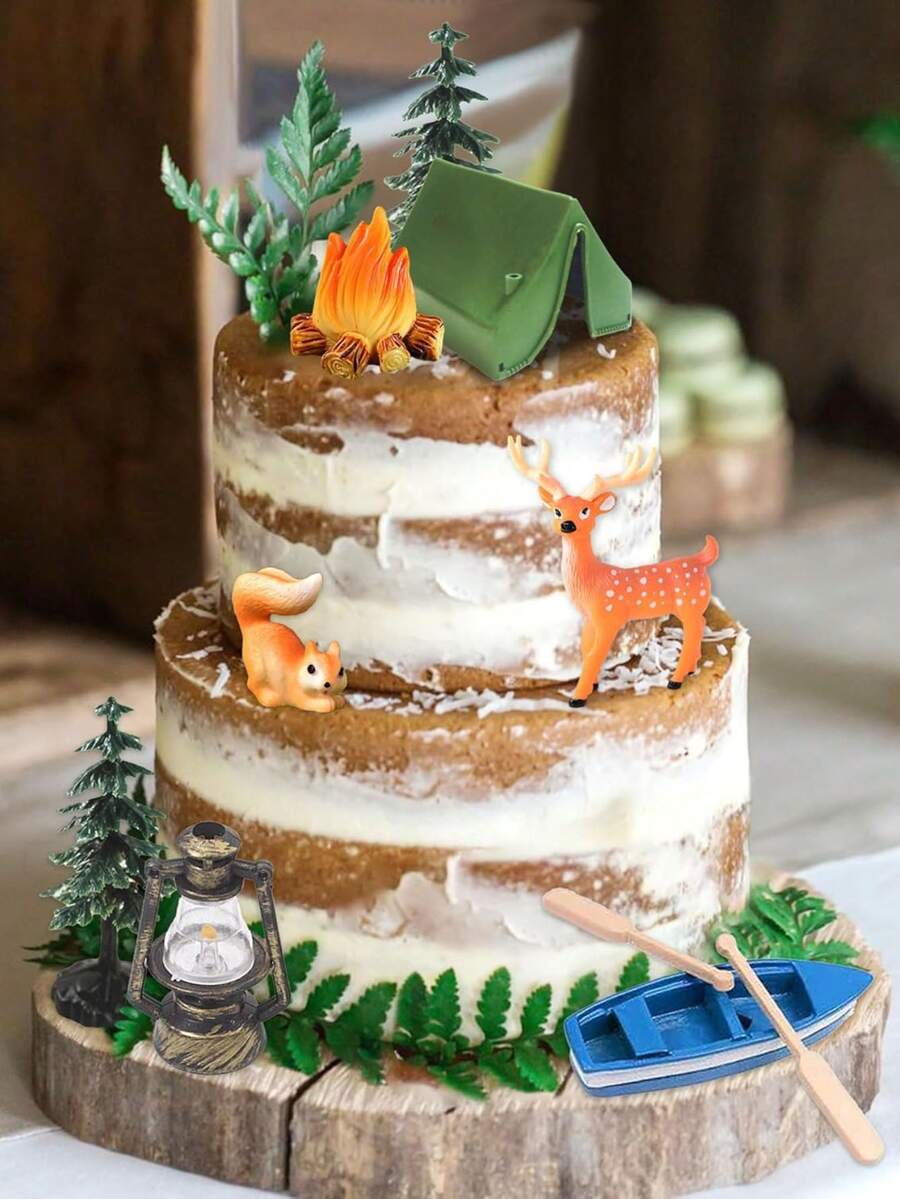 11 Peças Topos de Bolo para Festa de Camping Incluindo Tenda, Fogueira, Árvore, Barco, Cervo, Três Árvores, Tenda, Palitos para Cupcake, Decorações de Bolo Feliz Camping para Suprimentos de Festa de Camping - Multicolorido - Visão 1