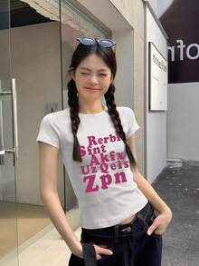 紫色字母印花女款短袖T恤，夏季性感修身短版上衣，休閒風格 - 白色-1 - 查看 4