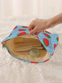 1 pieza Bolsa de almacenamiento de cosméticos portátil con estampado de fresa, impresión de doble cara, bolsa de maquillaje con cremallera para viajes, organizador de artículos de tocador multifuncional - Multicolor - Ver 3
