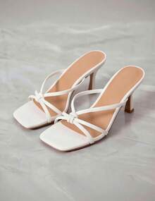 Geeyea Women's Square Toe Stiletto Heel Sandals; Open Toe Strappy Heels; Minimalist PU Leather Dress Shoes, Summer Vacation & Daily Wear - 白色 - 查看 6