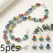 5 piezas de cuentas de tulipán de vidrio hechas a mano, cuentas decorativas florales de colores mixtos, adecuadas para pulseras DIY, accesorios para hacer collares y joyería - Multicolor - Ver 7