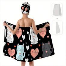 2pcs Printed Large Size Bathrobe & Hair Drying Cap Set, Wearable Wrap Towel, High Absorbency, No Shedding, Sexy Tube Top Bathrobe For Home - Multicolor - View 13