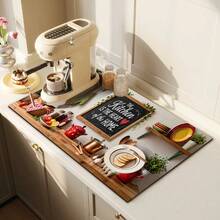 1pc Dish Drying Mat, Coffee Machine Mat, Polyester Fiber Absorbent Mat, Vintage Warm Kitchen Pattern With Blackboard Heartwarming Slogan And Kitchen Utensils & Vegetables Elements, Durable And Highly Absorbent, Suitable For Dining Table, Cafe And Other Scenes, Multi-Purpose Drainage Mat, Home Gift, Tabletop Decor - XYLSD-542 - View 4