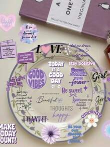 50Pcs Waterproof Purple Inspirational Quote Stickers, Positive Affirmation Floral Butterfly PET Decals For Journal Cup Laptop Decor - Multicolor - View 9