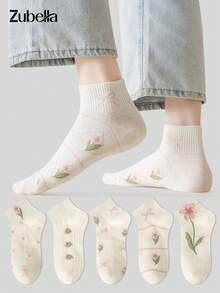 5 Pares de Meias Curtas Femininas Brancas & Rosas com Laço Doce e Designs Florais, Meias de Tornozelo, Meias Cano Curto Macias e Confortáveis, Adequadas para Todas as Estações - Multicolorido - Visão 9