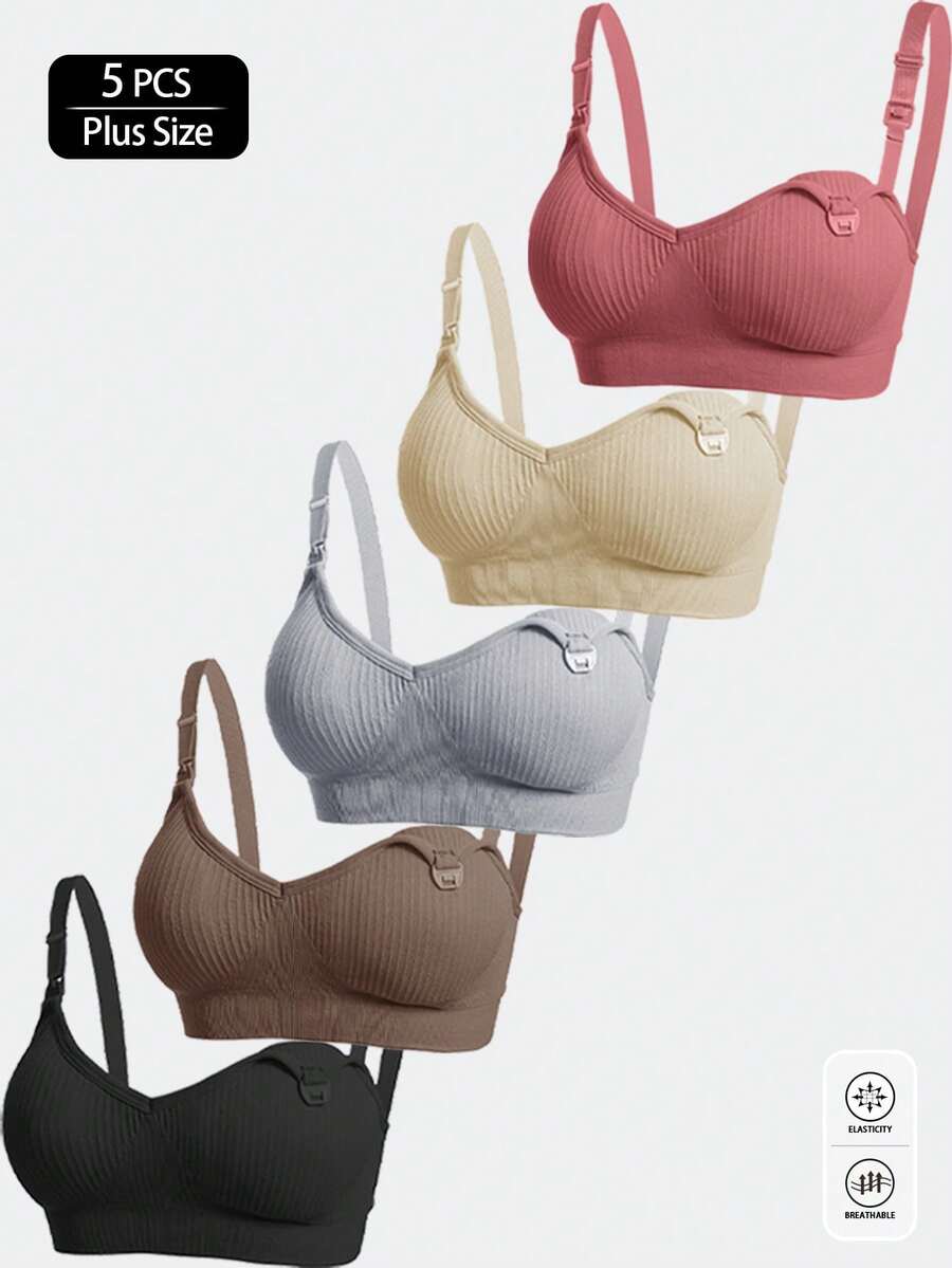 5pcs Plus Size Maternity Nursing Bras With Removable Pads, Front Opening Double Hook Design, Suitable For Sleep, Pregnancy, Postpartum, All Seasons - Multicolor - View 1