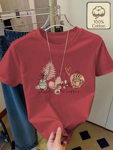 Camiseta 100% pura con estampado de ilustraciones sencillas de plantas, gatos y tazas de café, cuello redondo, manga corta, cómoda y transpirable para uso diario en verano, ropa de verano pa - Rosa - Ver 7