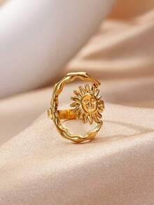 Fashionable Large C-Shaped Smiling Face Sun, Starfish And Coconut Tree Stainless Steel Ring, Gold Rust-Resistant Adjustable Finger Ring, Suitable For Women/Girlfriend/Best Friend, Summer Vacation Party Accessory, Exquisite Wedding Jewelry, Birthday Anniversary Gift - Multicolor - View 2