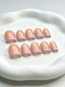 10pcs High Quality Square Handmade Fake Nails, Y2K Style, Nude Nails With Purple French Tips, Suitable For Parties And Music Festivals, Suitable For Women And Girls, Comes With 3 Tools, Perfect For Summer Manicure, Daily Wear, Graduation, Travel, Vacation - Multicolor - View 2