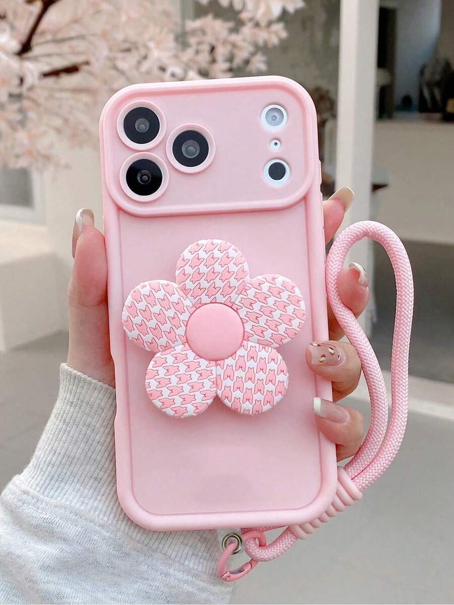 Pink Floral Vertical Phone Case With Lanyard, Compatible With IPhone 16 15 14 13 12 Pro Max - Plaid Pattern Soft Silicone Shockproof Case - Multicolor - View 1