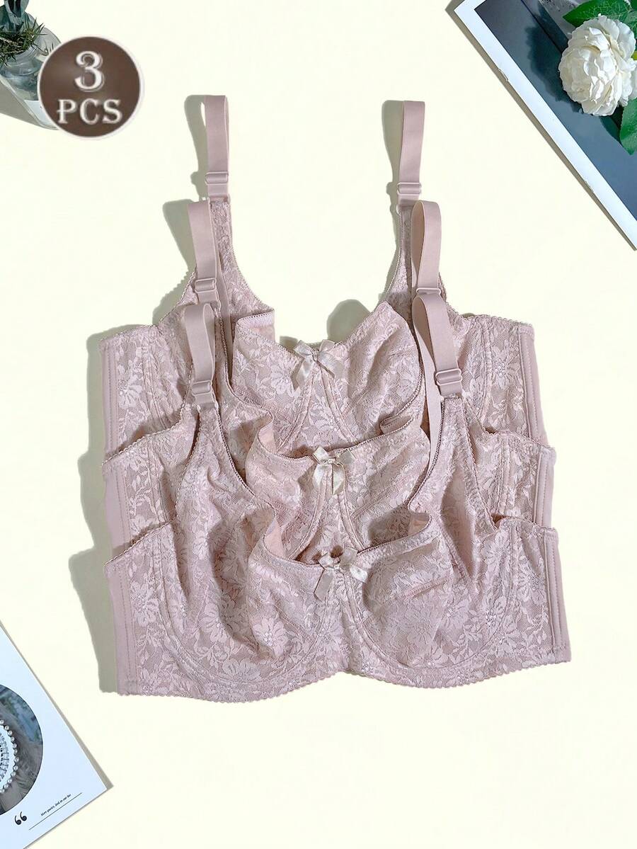 3件組大尺碼女款素色蕾絲細蝴蝶結鋼圈內衣 側邊支撐舒適大尺碼內衣 - 彩色 - 查看 1