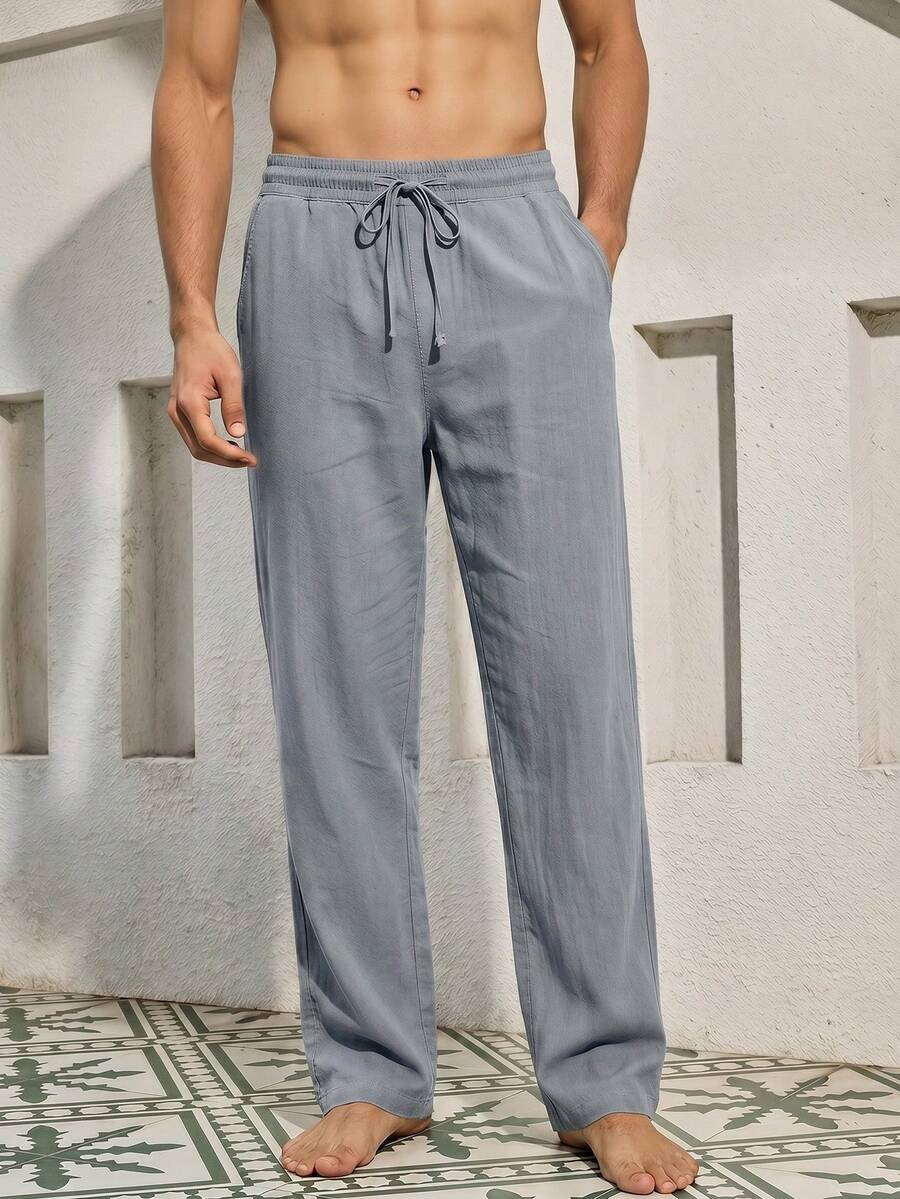 Mercer Haus Solid Color Linen Woven Loose Casual Pocket Long Pants, Spring/Summer/Autumn - Grey - View 1