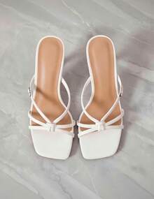 Geeyea Women's Square Toe Stiletto Heel Sandals; Open Toe Strappy Heels; Minimalist PU Leather Dress Shoes, Summer Vacation & Daily Wear - 白色 - 查看 3