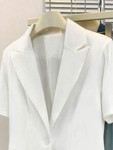 Blazer à manches courtes unicolore pour femmes, veste à col avec boutons et poches, style business décontracté pour le bureau, les trajets, la maison, le quotidien, printemps, été, automne - chemise blanche à manches courtes - Voir 6
