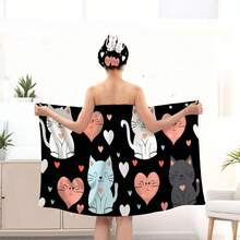 2pcs Printed Large Size Bathrobe & Hair Drying Cap Set, Wearable Wrap Towel, High Absorbency, No Shedding, Sexy Tube Top Bathrobe For Home - Multicolor - View 4