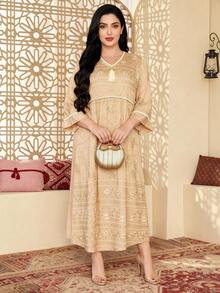 Heavy Gold Embroidery Arabic Women's Summer Apricot Elegant Dress, JALABIA 9/10 Flare Sleeve Fashion Luxury Creative, Summer Casual Travel Outfit - Apricot - View 2
