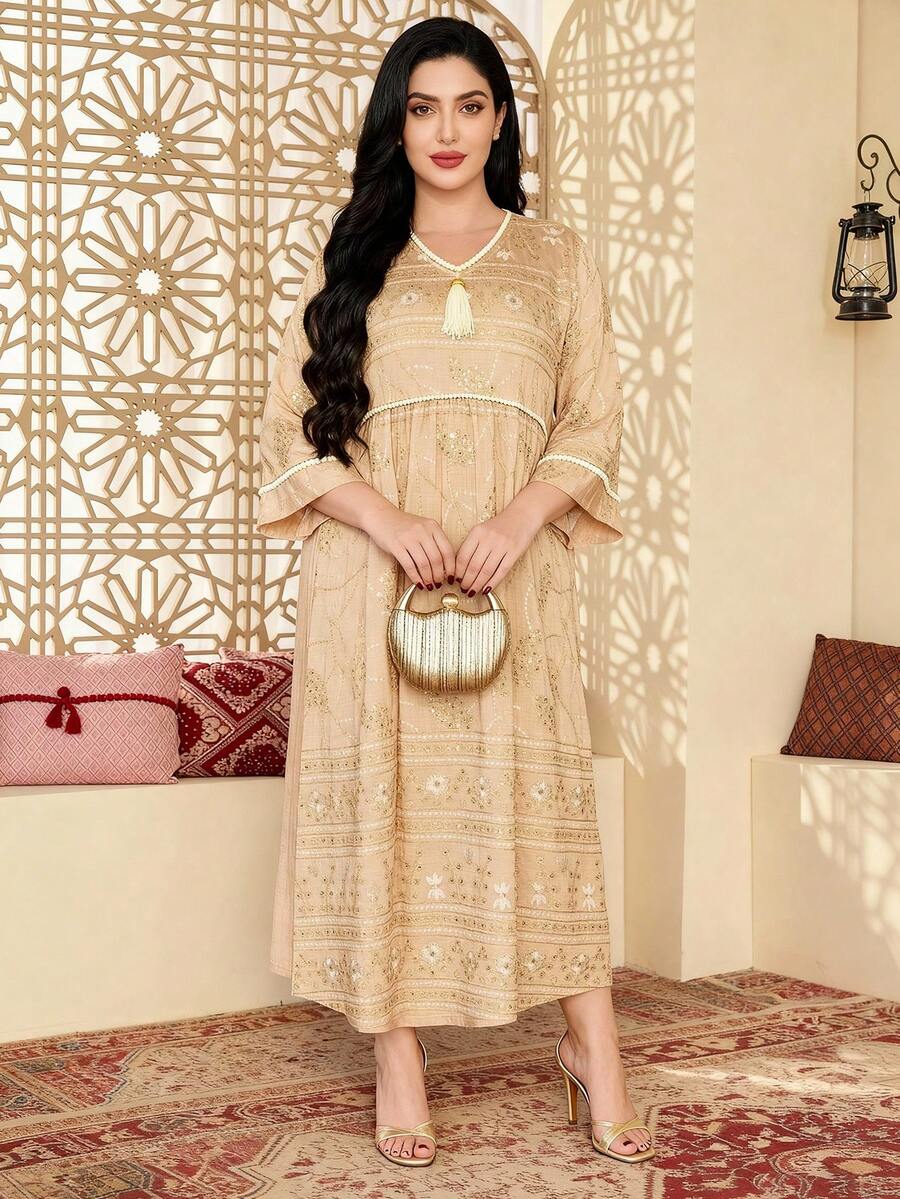 Heavy Gold Embroidery Arabic Women's Summer Apricot Elegant Dress, JALABIA 9/10 Flare Sleeve Fashion Luxury Creative, Summer Casual Travel Outfit