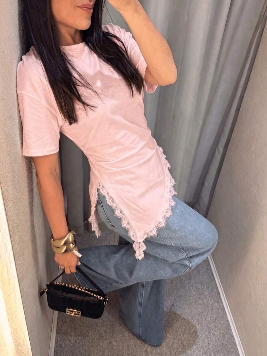 對比色蕾絲飾邊純色不對稱女款T恤,休閒返校風,春/夏 - 淺粉色 - 查看 1