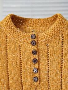 Women's Warm Yellow Short Sleeve Sweater, Cable Knit Pullover, Regular Length Knit Top, Ribbed Hem, Slightly Stretchy, Comfortable To Wear, Vintage Style, Suitable For Summer, Autumn - Yellow - View 6