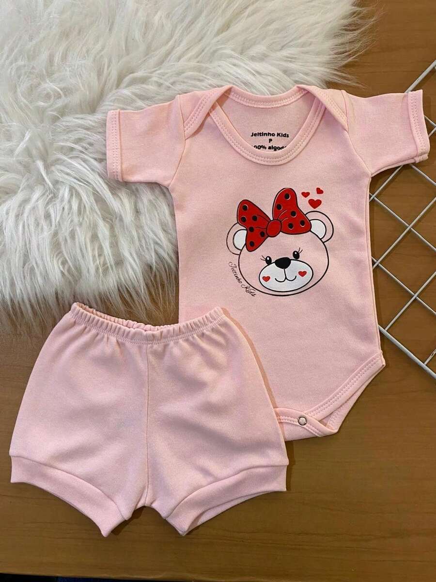 Conjunto de Bebê- Body+ Short- Verão- Suedine 100% Algodão - Rosa Bebê - Visão 1