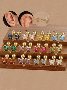 2pcs Stainless Steel 12 Zodiac Birthstone Tiny 18K Gold Plated Earrings, Cubic Zirconia Butterfly Inlaid, Suitable For Party & Wedding Wear - Butterfly - View 1