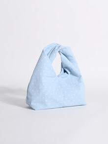 Bolso tote bordado floral hueco en amarillo y verde, bolso de mano plisado y arrugado de estilo francés chic, estilo campestre suave y romántico, adecuado para vacaciones en la playa, combin - Azul 3 - Ver 4