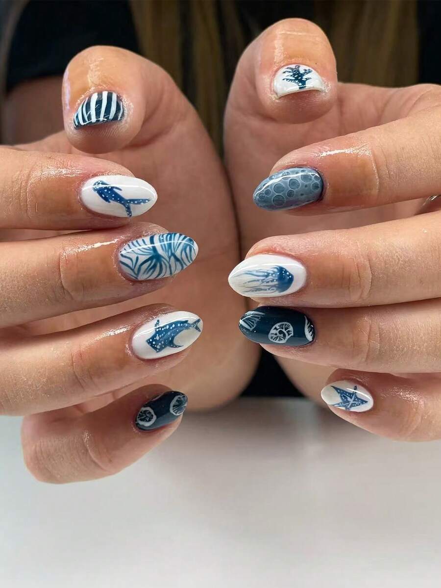 24片/組短橢圓藍色法式穿戴甲,海洋鯨魚、水母與線條設計,春夏美甲,全覆蓋壓克力假指甲,含1片果凍膠與1個指甲锉,適合女性與女孩日常工作及派對使用 - 彩色 - 查看 1
