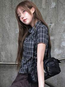 Women's Summer Design Plaid Versatile Casual Shirt - Black and White - View 5