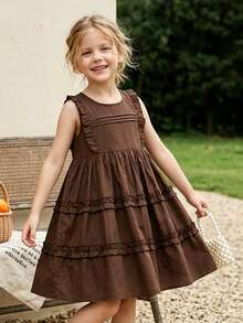 bearleader 3-7 Years Old Girls' Brown Solid Color Sleeveless Contrast Lace Casual Dress With Jacket, Summer - Brown - View 1