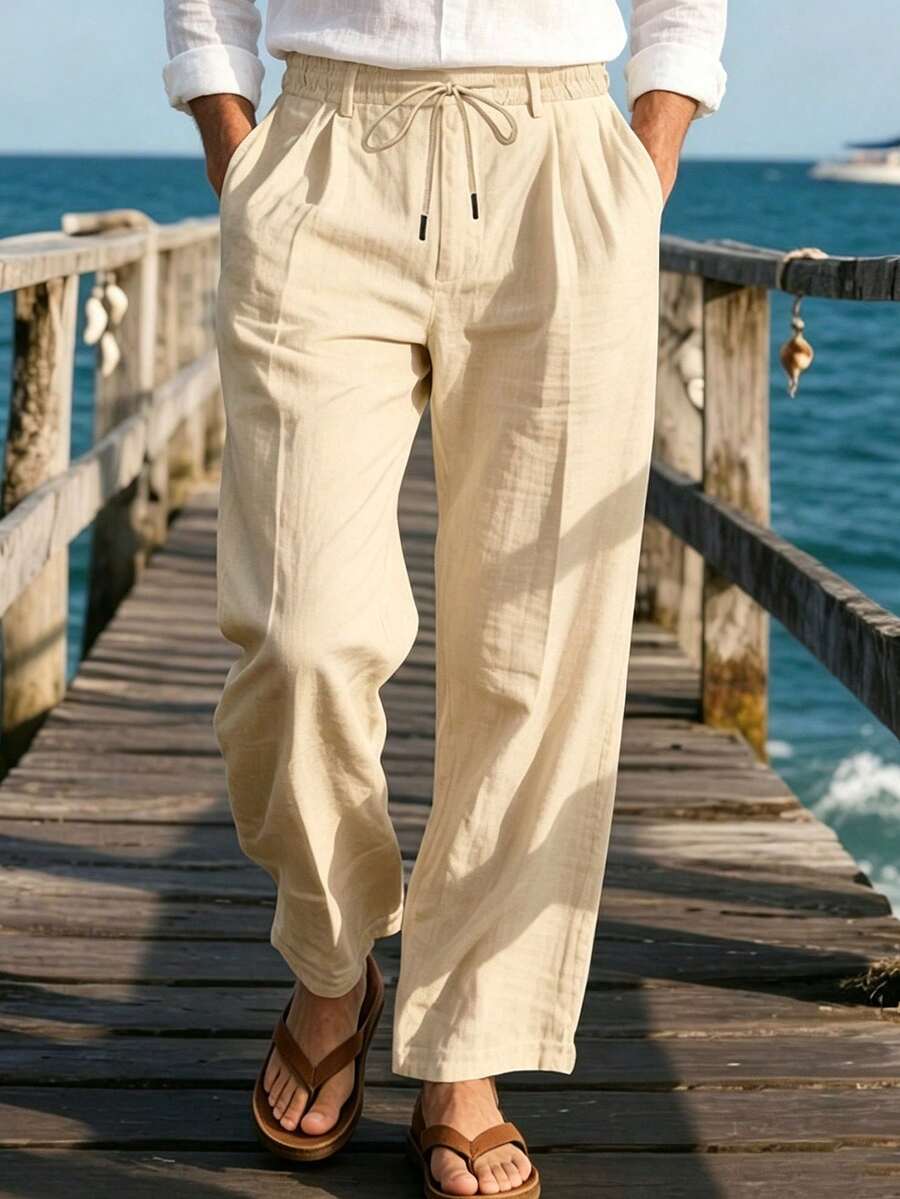 男士輕量亞麻親膚休閒長褲，夏季透氣彈性抽繩腰直筒褲，海灘度假通勤百搭男褲