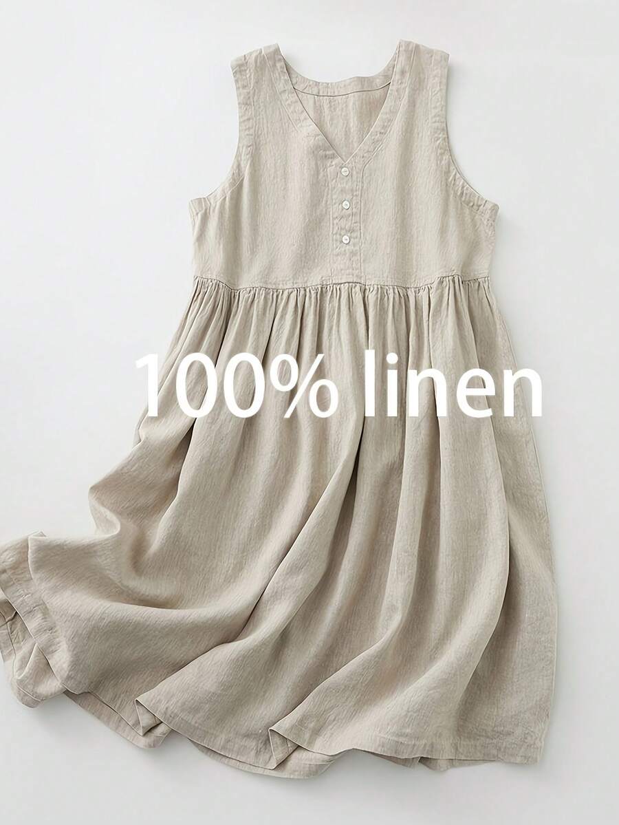 Women's Sleeveless Mid Length Dress, V-Neck Button Detail Pleated Waist, Loose A-Line Casual Skirt, Lightweight And Breathable Summer Dress - 杏色 - 查看 1