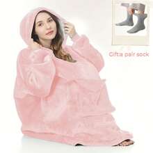 Ultra Soft Double Face Hooded Sweater, Wearable Blanket For Women And Men, Oversized Sportswear Hoodie, Ultra Soft Warm Comfortable Wearable Blanket Hooded Sweater, Suitable For Large MouthsBag Adult - 粉色 - 查看 5