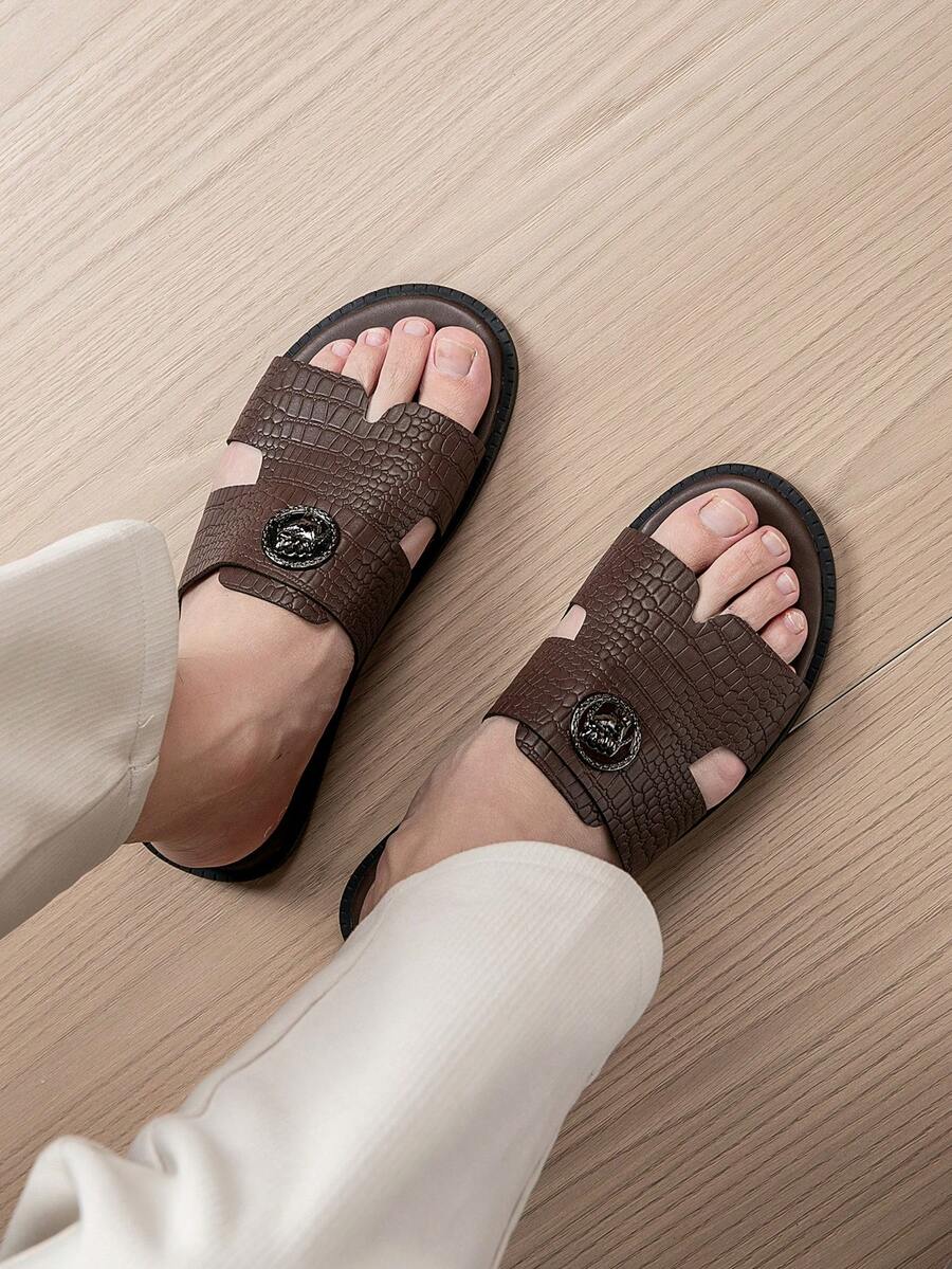 2026 New Men's Summer Casual Crocodile Pattern Open Toe Soft Sole Slides