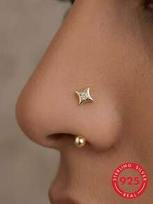 1pc S925 Sterling Silver Single Diamond Four-Pointed Star Nose Hook, Pure Silver 14K Gold Plated Women's Nose Piercing Jewelry, Personalized, Minimalist Versatile, Suitable For Daily Wear - Multicolor - View 1